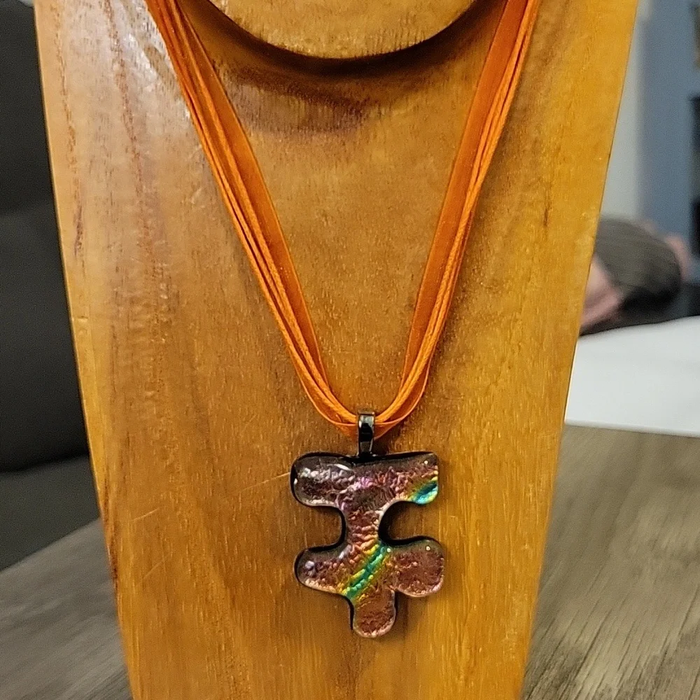 Autism Awareness Orange Multi Fused Glass Handmade Artisan Puzzle Pendant - Picture 2 of 7